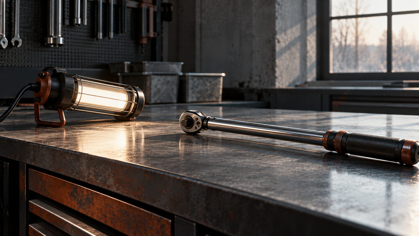 A caged inspection lamp lit on a scratched steel bench, a torque wrench lying beside it, cold window light behind.