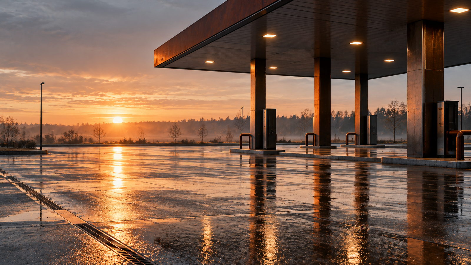 A wide canopy on steel columns standing over an empty wet forecourt at sunrise, the low sun laid out in long reflections across the slabs.